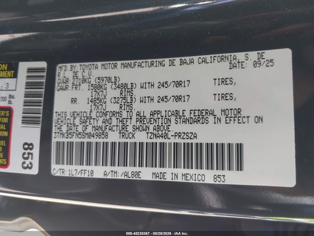 Продаж на аукціоні авто 2025 Toyota Tacoma Sr5, vin: 3TMKB5FN5SM049858, номер лоту: 45230367