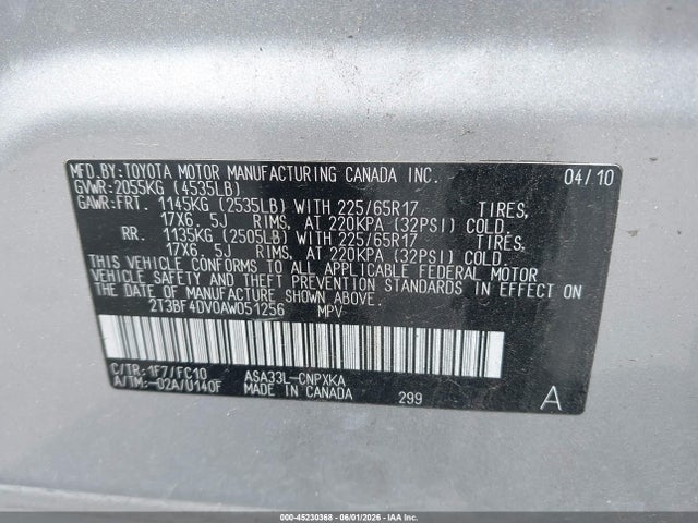 2010 Toyota Rav4 მანქანა იყიდება აუქციონზე, vin: 2T3BF4DV0AW051256, აუქციონის ნომერი: 45230368