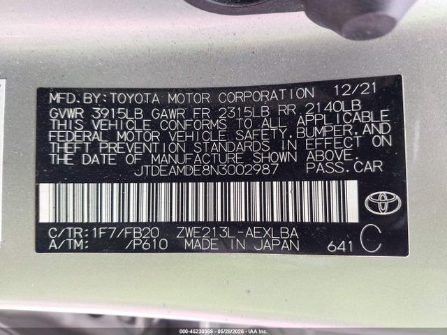 Aukcja sprzedaży 2022 Toyota Corolla Hybrid Le, vin: JTDEAMDE8N3002987, numer aukcji: 45230369