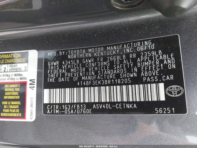 Aukcja sprzedaży 2011 Toyota Camry Le, vin: 4T4BF3EK3BR118205, numer aukcji: 45230373