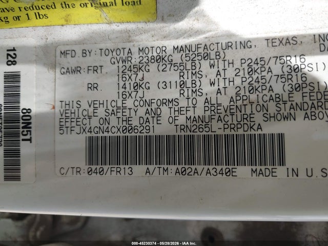 Aukcja sprzedaży 2012 Toyota Tacoma Prerunner, vin: 5TFJX4GN4CX006291, numer aukcji: 45230374