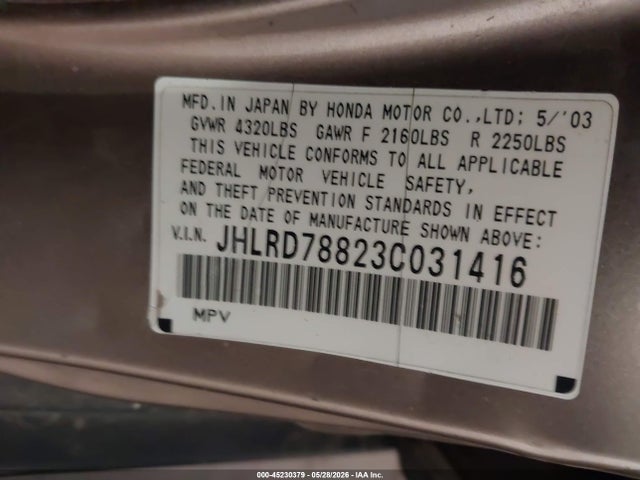 2003 Honda Cr-v Ex მანქანა იყიდება აუქციონზე, vin: JHLRD78823C031416, აუქციონის ნომერი: 45230379
