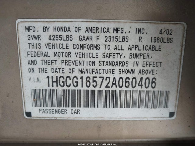 Продажа на аукционе авто 2002 Honda Accord 3.0 Ex, vin: 1HGCG16572A060406, номер лота: 45230384