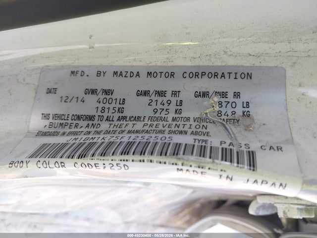 45230400 :رقم المزاد ، JM1BM1K75F1252505 vin ، 2015 Mazda Mazda3 I Sport مزاد بيع