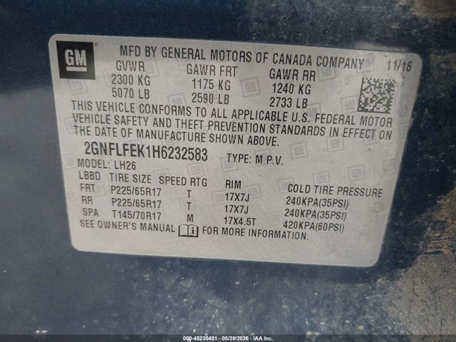 Продажа на аукционе авто 2017 Chevrolet Equinox Lt, vin: 2GNFLFEK1H6232583, номер лота: 45230401