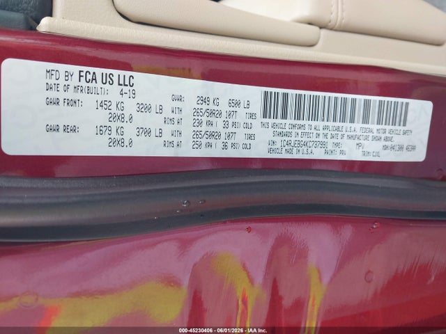 Продаж на аукціоні авто 2019 Jeep Grand Cherokee Limited 4x2, vin: 1C4RJEBG4KC737991, номер лоту: 45230406