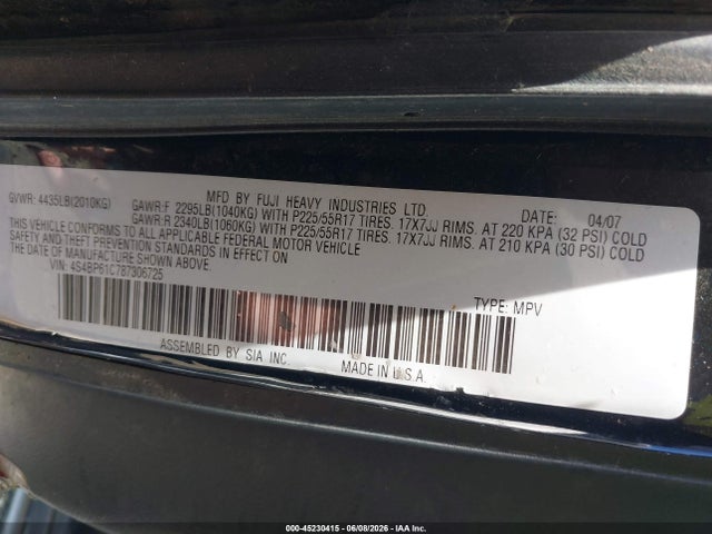 Aukcja sprzedaży 2008 Subaru Outback 2.5i/2.5i L.l. Bean Edition, vin: 4S4BP61C787306725, numer aukcji: 45230415
