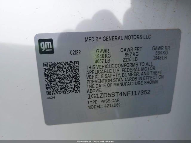 1G1ZD5ST4NF117352 Chevrolet Malibu Fwd Lt