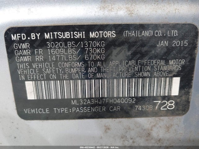 Aukcja sprzedaży 2015 Mitsubishi Mirage De, vin: ML32A3HJ7FH040092, numer aukcji: 45230442