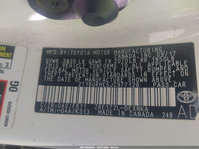 Aukcja sprzedaży 2018 Toyota Corolla Le, vin: 2T1BURHE5JC977126, numer aukcji: 45230443