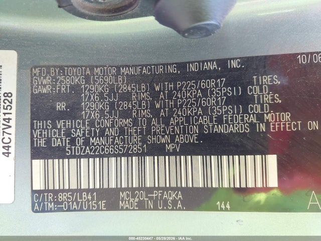 2006 Toyota Sienna Xle Limited მანქანა იყიდება აუქციონზე, vin: 5TDZA22C66S572851, აუქციონის ნომერი: 45230447