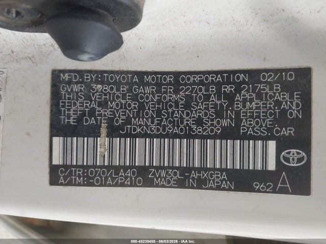 2010 Toyota Prius Iv მანქანა იყიდება აუქციონზე, vin: JTDKN3DU9A0138209, აუქციონის ნომერი: 45230458