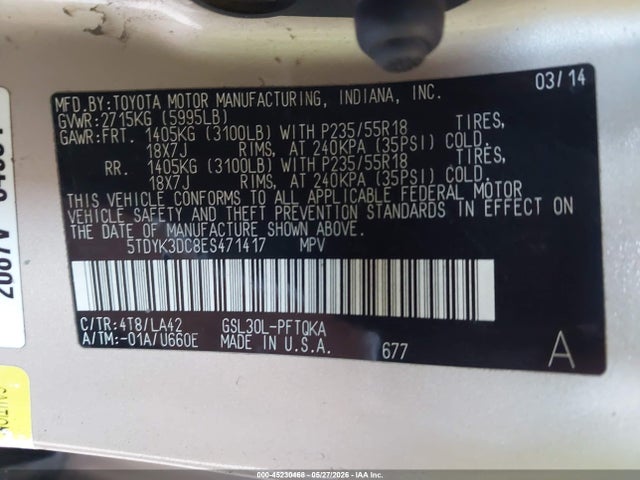 Продаж на аукціоні авто 2014 Toyota Sienna Limited V6 7 Passenger, vin: 5TDYK3DC8ES471417, номер лоту: 45230468