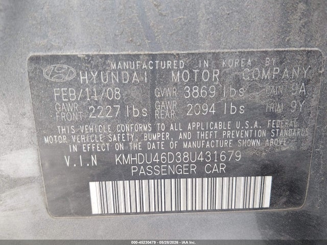 45230479 :رقم المزاد ، KMHDU46D38U431679 vin ، 2008 Hyundai Elantra Gls/se مزاد بيع