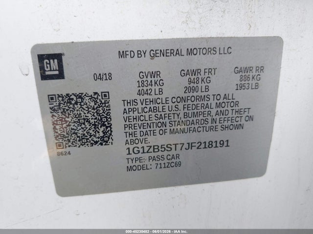 45230482 :رقم المزاد ، 1G1ZB5ST7JF218191 vin ، 2018 Chevrolet Malibu 1ls مزاد بيع