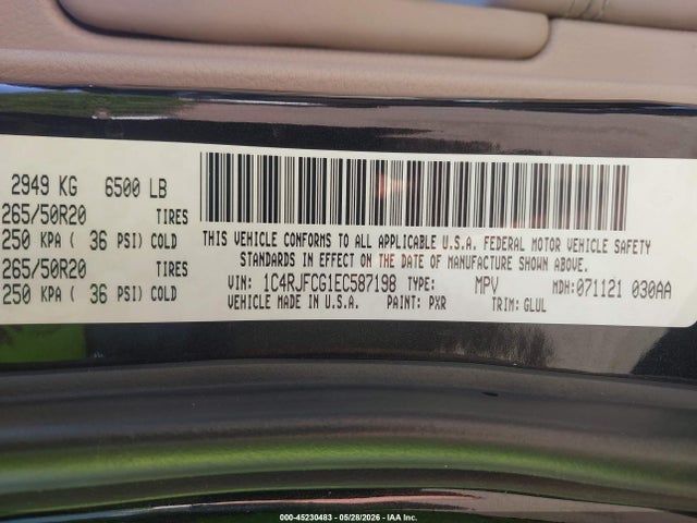2014 Jeep Grand Cherokee Overland მანქანა იყიდება აუქციონზე, vin: 1C4RJFCG1EC587198, აუქციონის ნომერი: 45230483