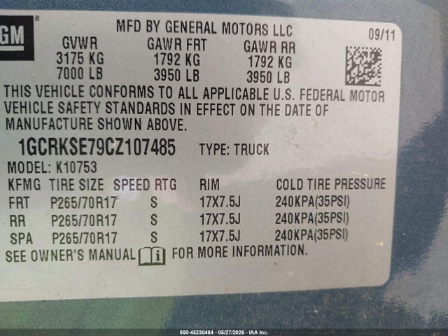 2012 Chevrolet Silverado 1500 Lt მანქანა იყიდება აუქციონზე, vin: 1GCRKSE79CZ107485, აუქციონის ნომერი: 45230484