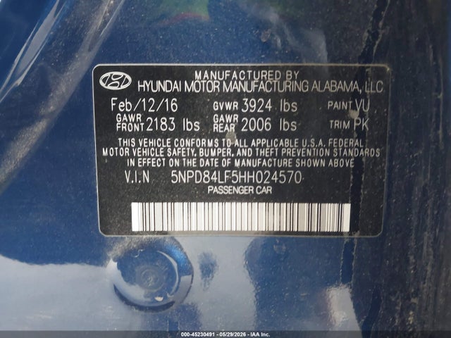 Продаж на аукціоні авто 2017 Hyundai Elantra Limited, vin: 5NPD84LF5HH024570, номер лоту: 45230491