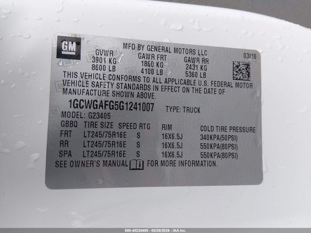 Chevrolet Express 2500 Work Van 2016 1GCWGAFG5G1241007 Image 9