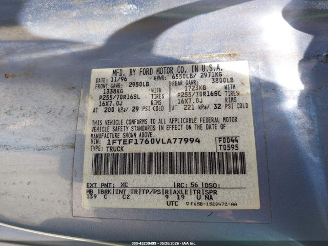 Aukcja sprzedaży 1997 Ford F-150 Lariat/standard/xl/xlt, vin: 1FTEF1760VLA77994, numer aukcji: 45230499
