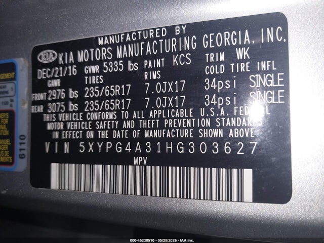 KIA Sorento 2.4l Lx 2017 5XYPG4A31HG303627 Image 9