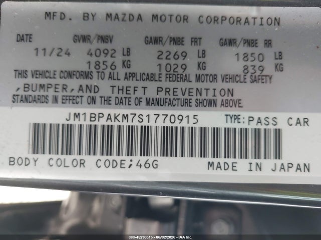 Aukcja sprzedaży 2025 Mazda Mazda3 2.5 S Select Sport, vin: JM1BPAKM7S1770915, numer aukcji: 45230515