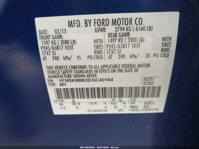 45230520 :رقم المزاد ، 1FM5K8B83DGC40184 vin ، 2013 Ford Explorer مزاد بيع