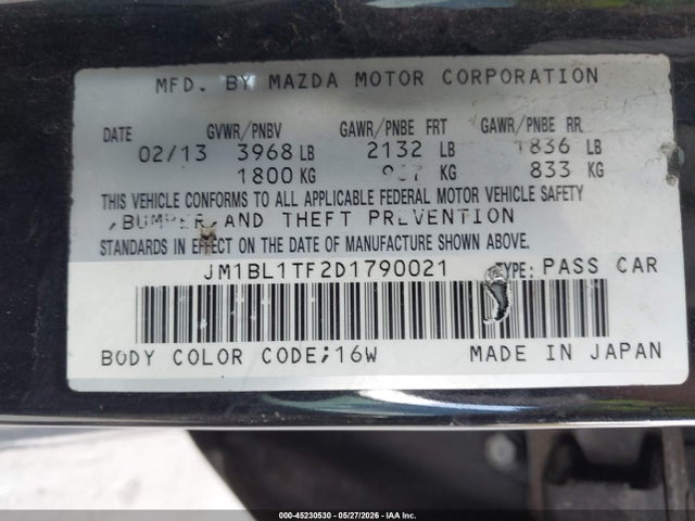 45230530 :رقم المزاد ، JM1BL1TF2D1790021 vin ، 2013 Mazda Mazda3 I Sv مزاد بيع