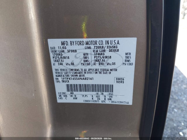Aukcja sprzedaży 2004 Ford F-150 Fx4/lariat/xl/xlt, vin: 1FTPX14554NA82161, numer aukcji: 45230542