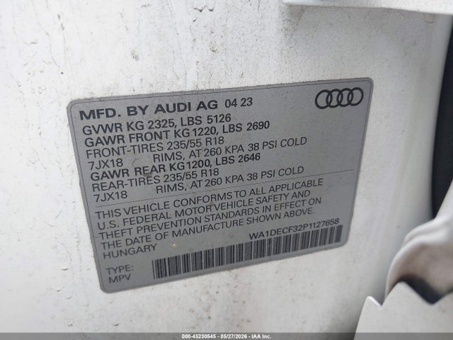 2023 Audi Q3 Premium 45 Tfsi S Line Quattro Tiptronic მანქანა იყიდება აუქციონზე, vin: WA1DECF32P1127658, აუქციონის ნომერი: 45230545