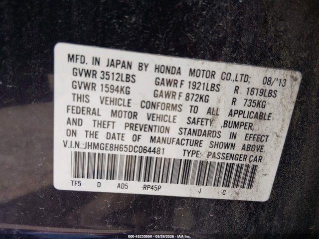 45230550 :رقم المزاد ، JHMGE8H65DC064481 vin ، 2013 Honda Fit Sport مزاد بيع