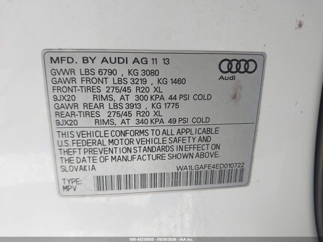 2014 Audi Q7 3.0t Premium მანქანა იყიდება აუქციონზე, vin: WA1LGAFE4ED010722, აუქციონის ნომერი: 45230555