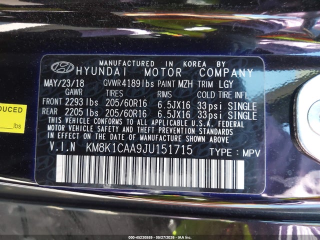 KM8K1CAA9JU151715 Hyundai Kona Se