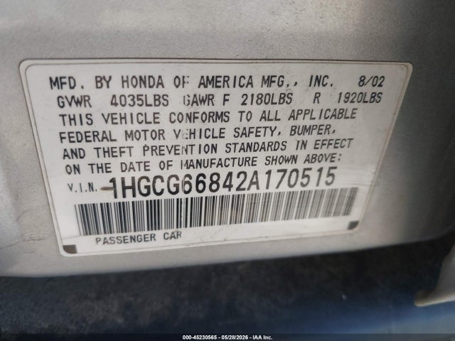 Auction sale of the 2002 Honda Accord 2.3 Ex/2.3 Se, vin: 1HGCG66842A170515, lot number: 45230565