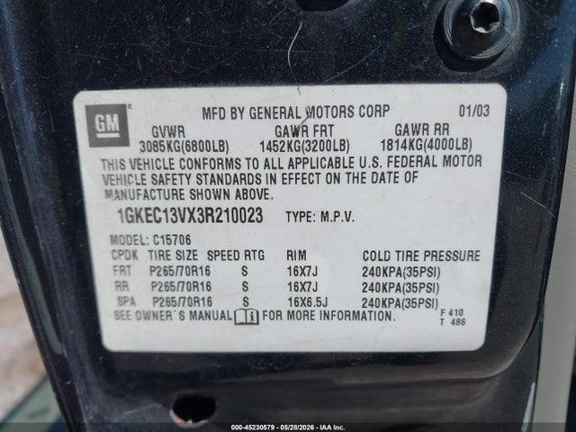 45230579 :رقم المزاد ، 1GKEC13VX3R210023 vin ، 2003 Gmc Yukon Sle مزاد بيع