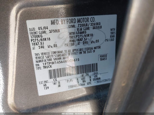 Aukcja sprzedaży 2004 Ford F-150 Fx4/lariat/xlt, vin: 1FTPW14564KD26615, numer aukcji: 45230580