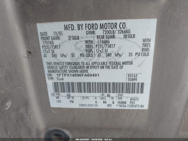 Aukcja sprzedaży 2006 Ford F-150 Fx4/lariat/xl/xlt, vin: 1FTPX14596FA69491, numer aukcji: 45230587