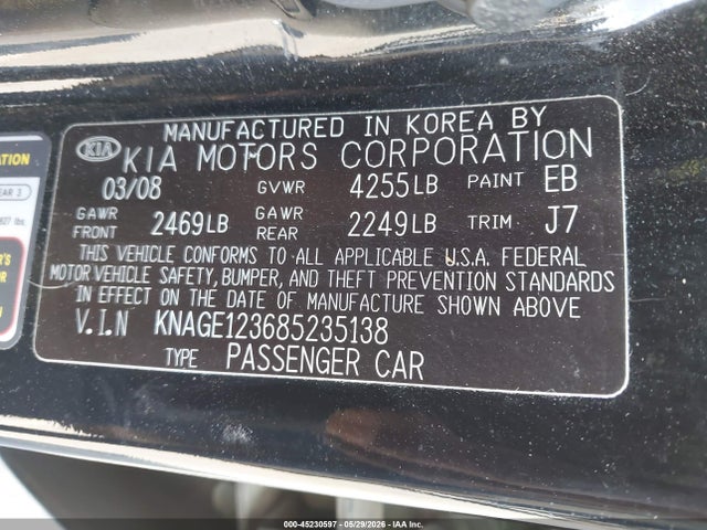 Aukcja sprzedaży 2008 Kia Optima Lx, vin: KNAGE123685235138, numer aukcji: 45230597
