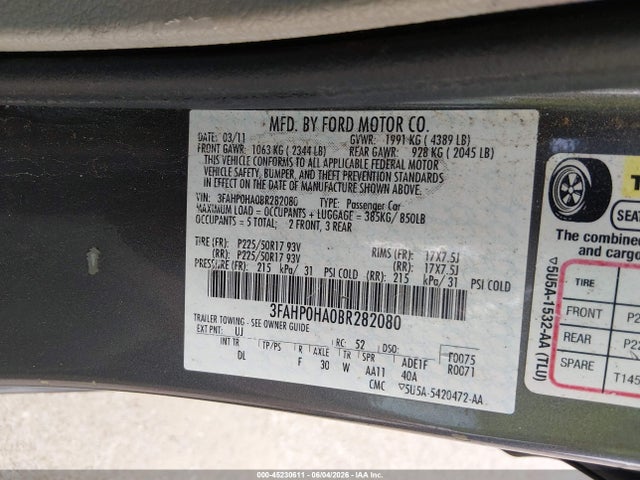 Продаж на аукціоні авто 2011 Ford Fusion Se, vin: 3FAHP0HA0BR282080, номер лоту: 45230611