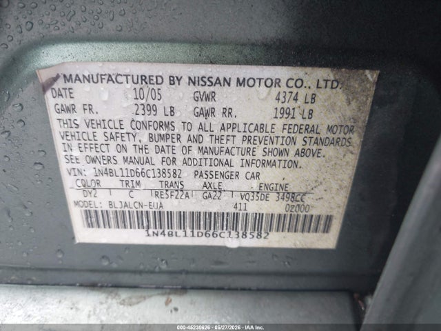 Aukcja sprzedaży 2006 Nissan Altima 3.5 Se, vin: 1N4BL11D66C138582, numer aukcji: 45230626