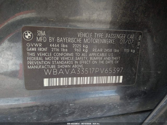Aukcja sprzedaży 2007 Bmw 328i, vin: WBAVA33517PV65397, numer aukcji: 45230632