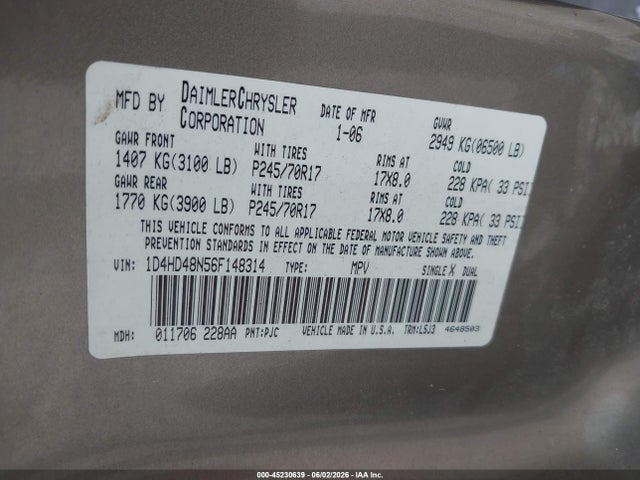 Aukcja sprzedaży 2006 Dodge Durango Slt, vin: 1D4HD48N56F148314, numer aukcji: 45230639