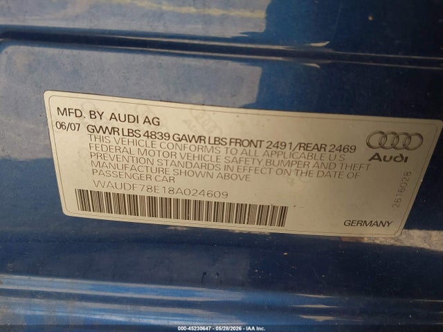 Auction sale of the 2008 Audi A4 2.0t, vin: WAUDF78E18A024609, lot number: 45230647