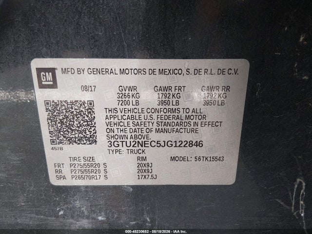 Продажа на аукционе авто 2018 Gmc Sierra 1500 Slt, vin: 3GTU2NEC5JG122846, номер лота: 45230652