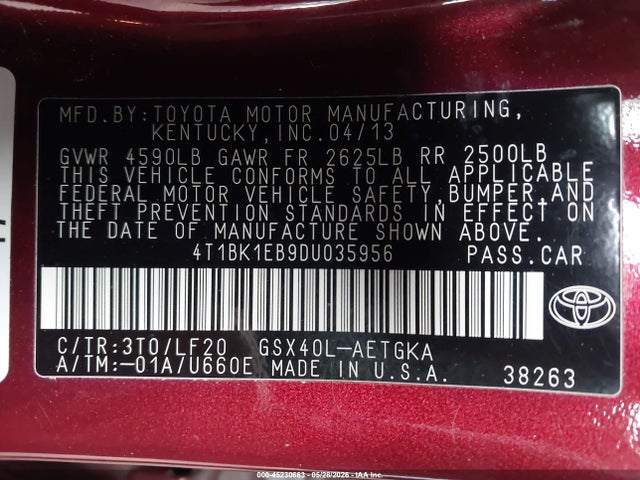 Продаж на аукціоні авто 2013 Toyota Avalon Xle Premium, vin: 4T1BK1EB9DU035956, номер лоту: 45230663