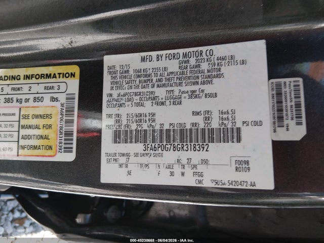Продажа на аукционе авто 2016 Ford Fusion S, vin: 3FA6P0G78GR318392, номер лота: 45230668