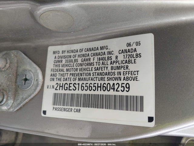 Aukcja sprzedaży 2005 Honda Civic Lx, vin: 2HGES16565H604259, numer aukcji: 45230674