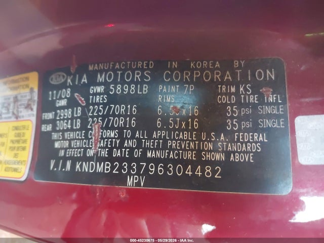 Aukcja sprzedaży 2009 Kia Sedona Lx, vin: KNDMB233796304482, numer aukcji: 45230675