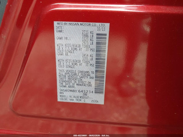 Aukcja sprzedaży 2014 Nissan Pathfinder S, vin: 5N1AR2MN8EC645234, numer aukcji: 45230691