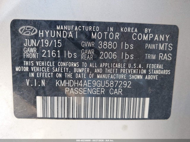 Продажа на аукционе авто 2016 Hyundai Elantra Se, vin: KMHDH4AE9GU587292, номер лота: 45230699